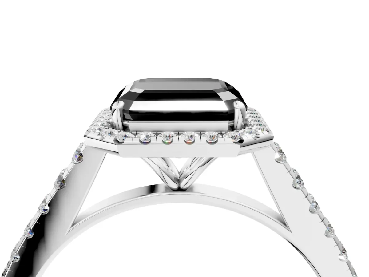 Fancy Black Asscher Cut Halo Pave Diamond Engagement Ring with Four-Prong Setting Platinum