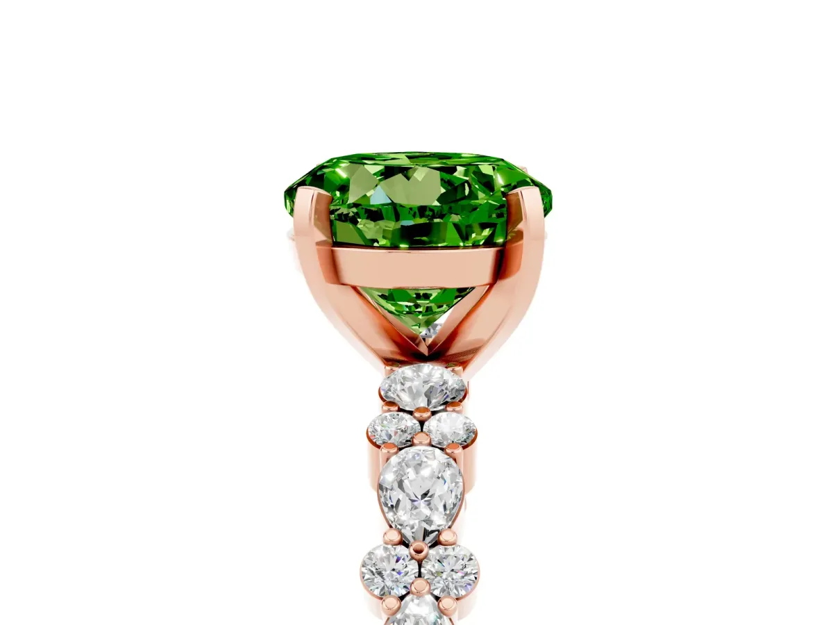 Round Cut Peridot Side Stone Solitaire Ring with Round and Four-Prong Setting Rose gold