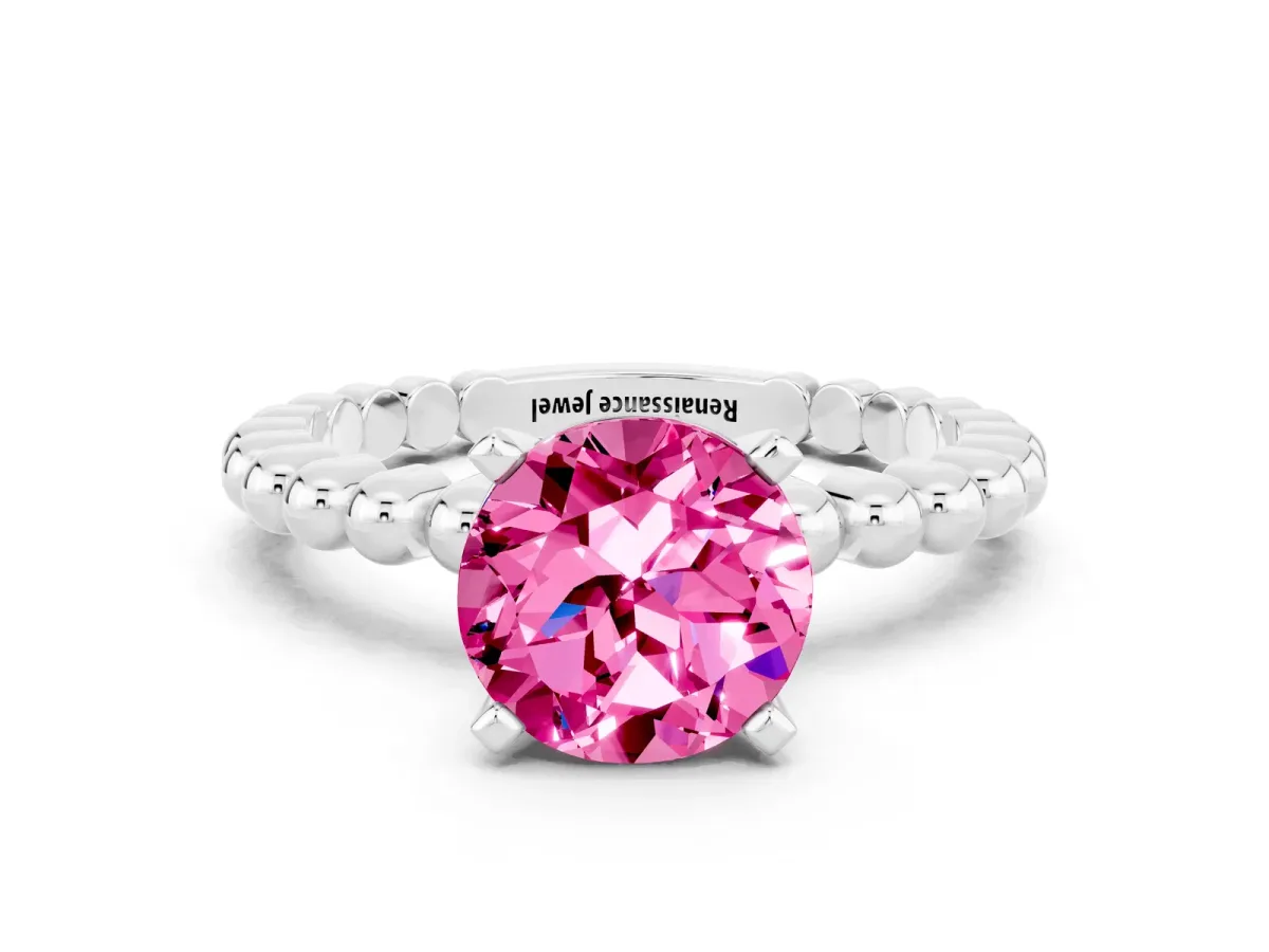 Round Cut Pink Sapphire Solitaire Ring with Beaded Band and Prong Setting Silver