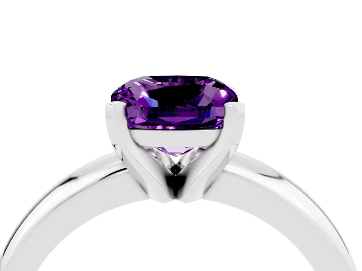 Cushion Cut Amethyst Solitaire Engagement Ring with Round Band and Four-Prong Setting Silver