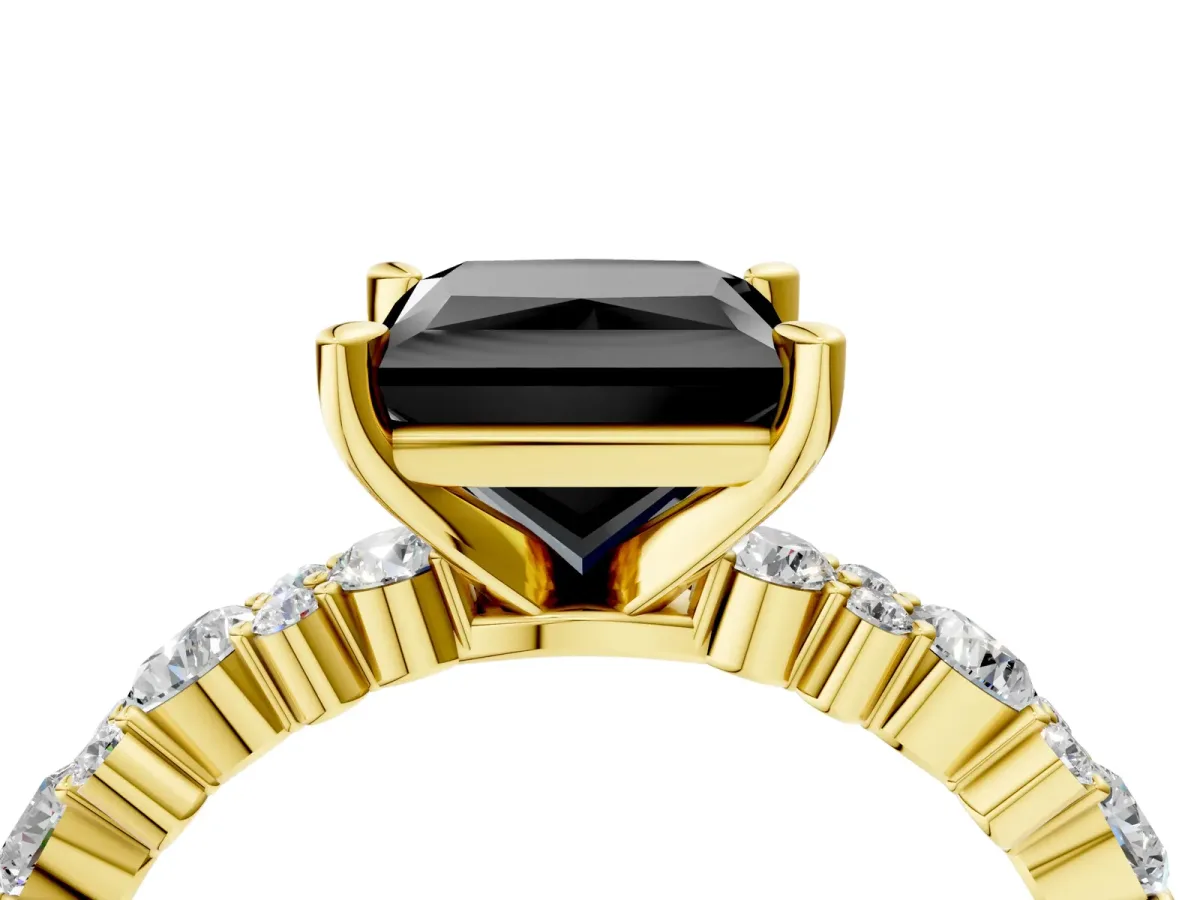 Fancy Black Princess Cut Diamond Side Stone Solitaire Ring with Round and Four-Prong Setting Yellow gold