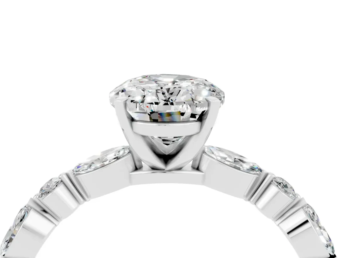 Oval Cut Moissanite Ring with Marquise and Round Side Stones and Four-Prong Setting Silver