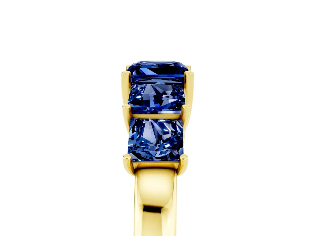 Princess Cut Five-Stone Blue Sapphire Ring with Classic Prong Setting Yellow gold