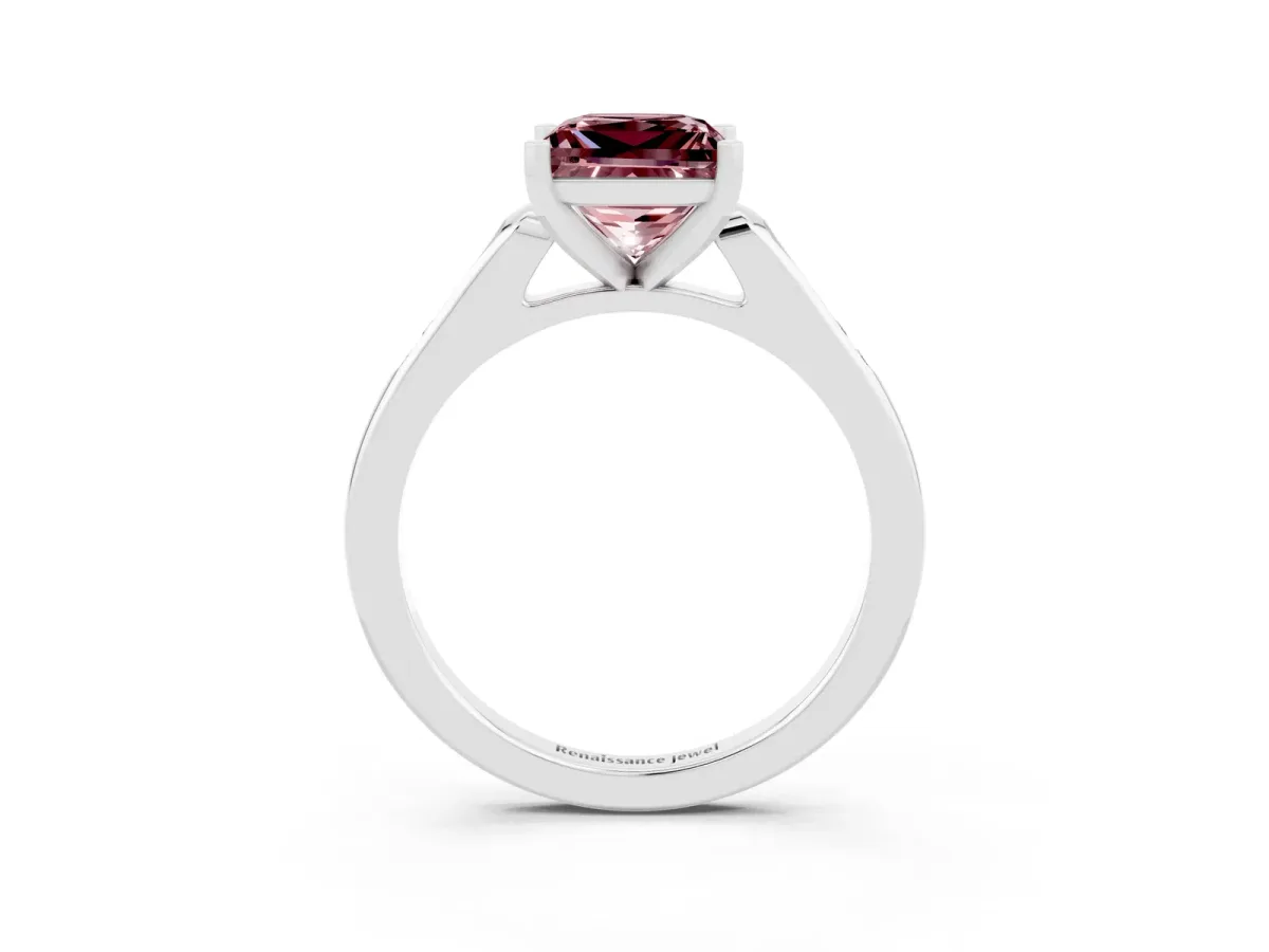 Princess Cut Morganite Solitaire Ring with Channel Set Round Band and Prong Setting Silver