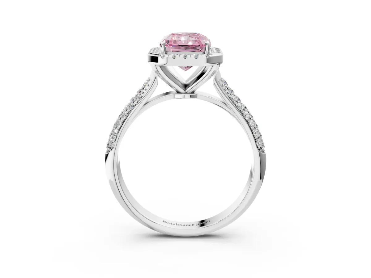 Fancy Pink Radiant Cut Cut Halo Pave Band Four-Prong Setting Ring Platinum