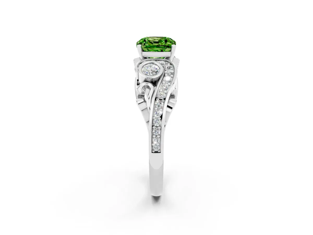 Cushion Cut Peridot Solitaire Ring with Milgrain Pavé Band and Four-Prong Setting Silver