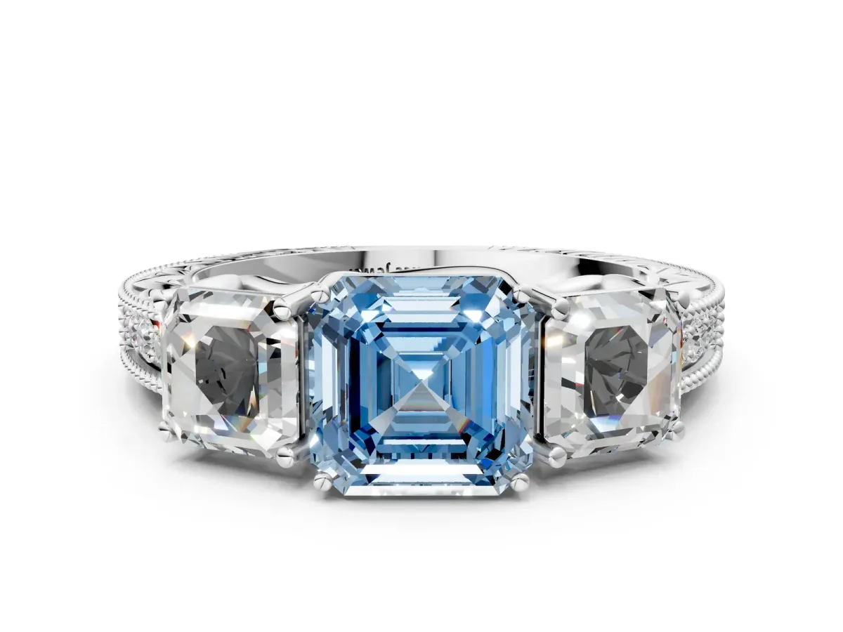 Fancy Blue Three-Stone Asscher Cut Cut Milgrain Pavé Engagement Ring Platinum