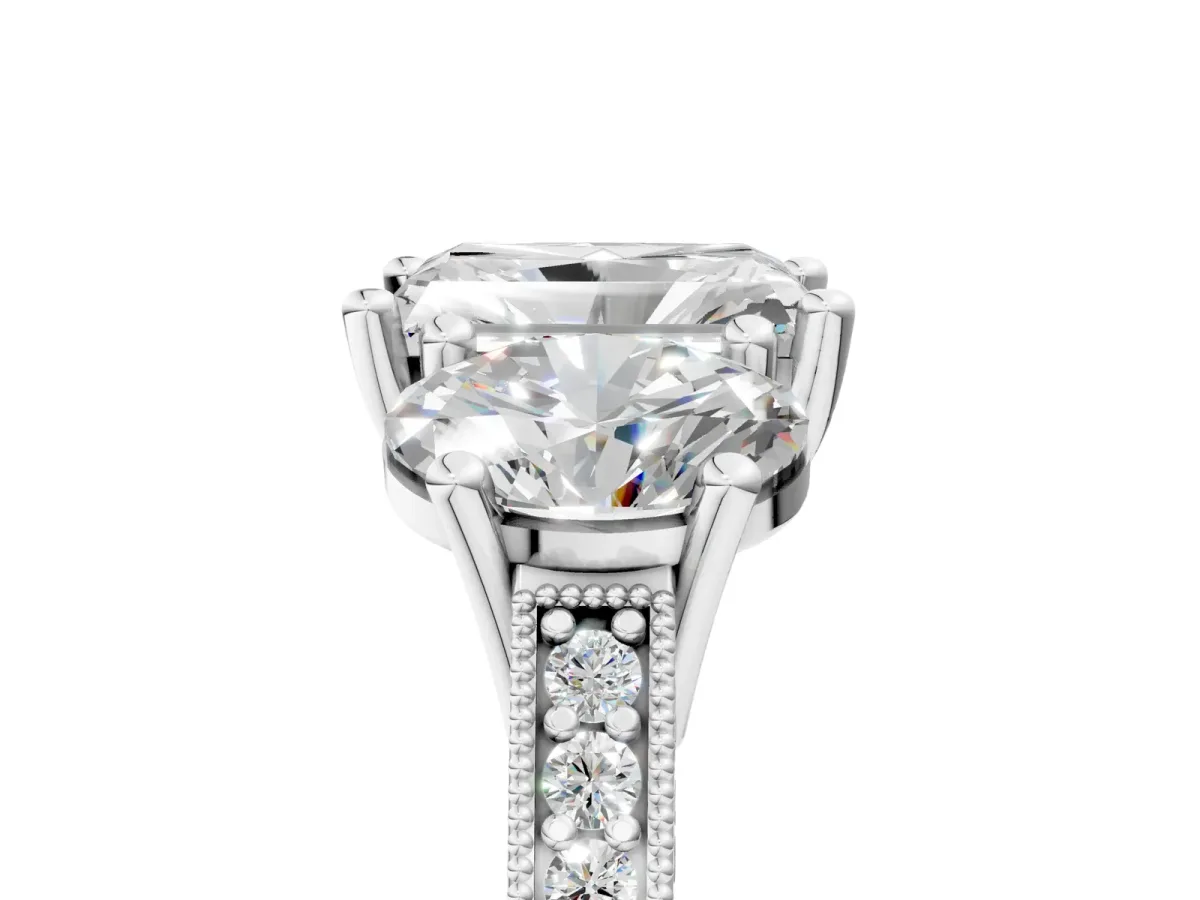 Three-Stone Radiant Cut Diamond Milgrain Pave Band with Prong Setting Platinum