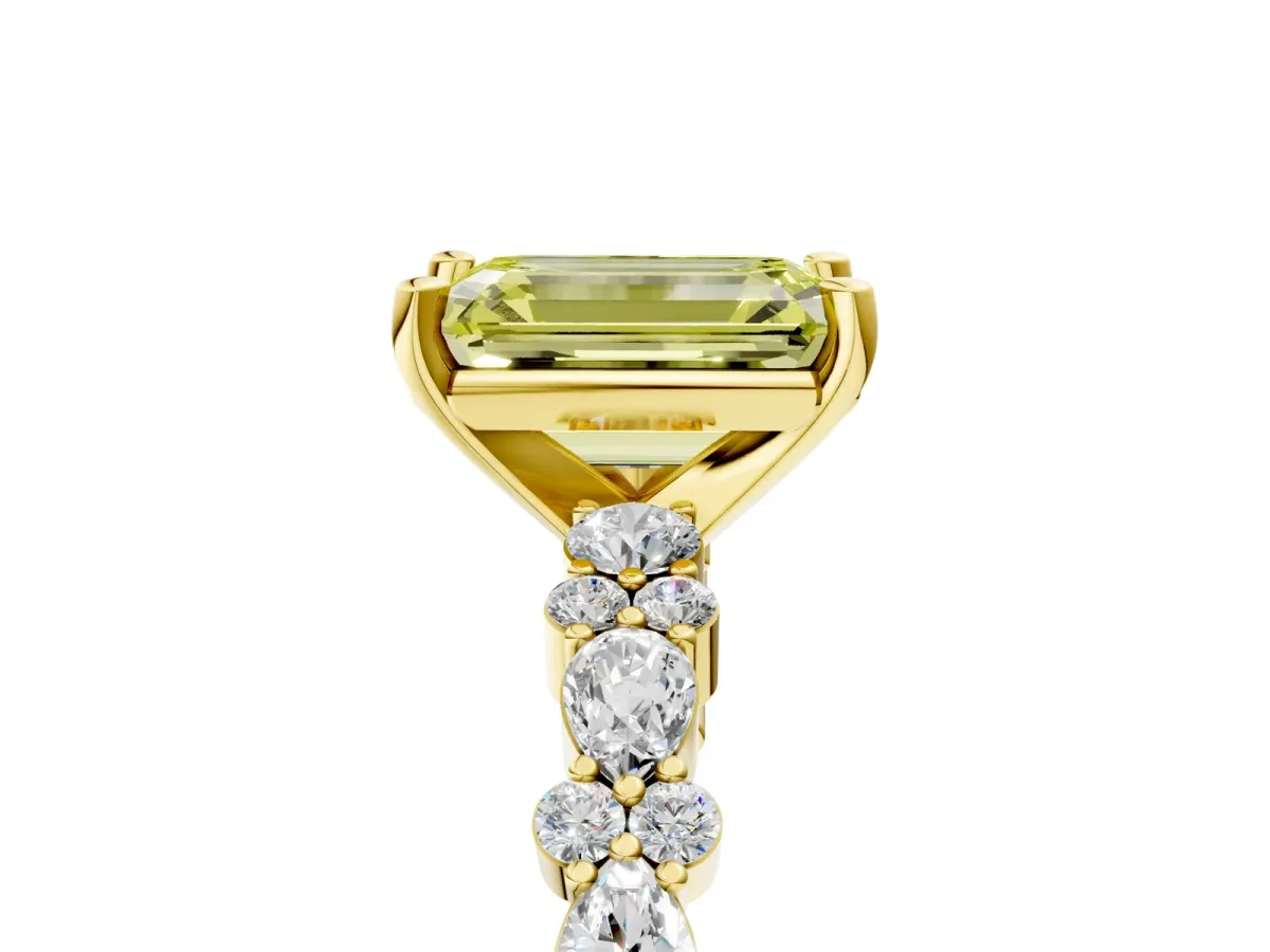 Fancy Yellow Emerald Cut Diamond Side Stone Solitaire Ring with Round and Four-Prong Setting Yellow gold