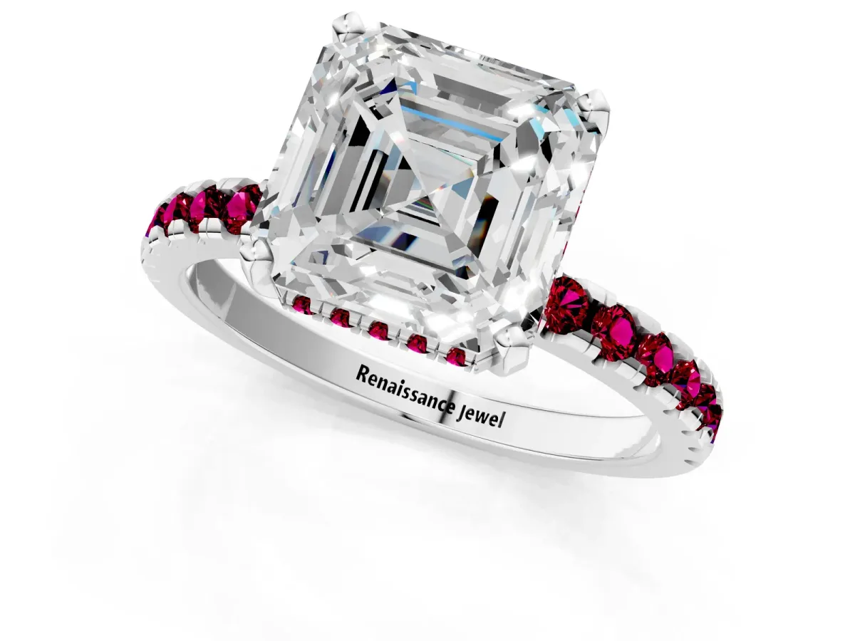 Asscher Cut Diamond Solitaire Ring with Round Garnet Pavé Band and Four-Prong Setting Silver