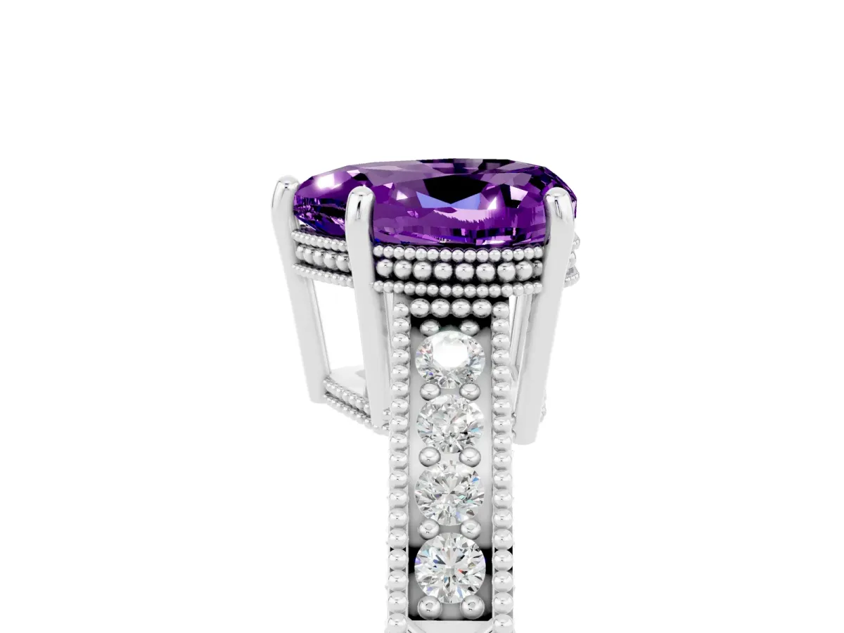 Heart Cut Amethyst Ring with Milgrain Pavé Band and Four-Prong Setting Platinum