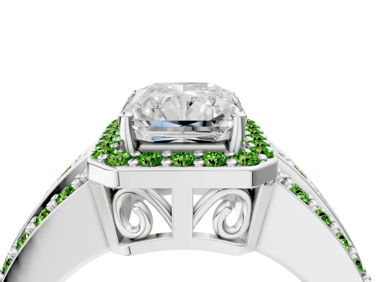 Radiant Cut Halo Diamond Ring with Round Peridot Split Shank and Prong Setting Silver