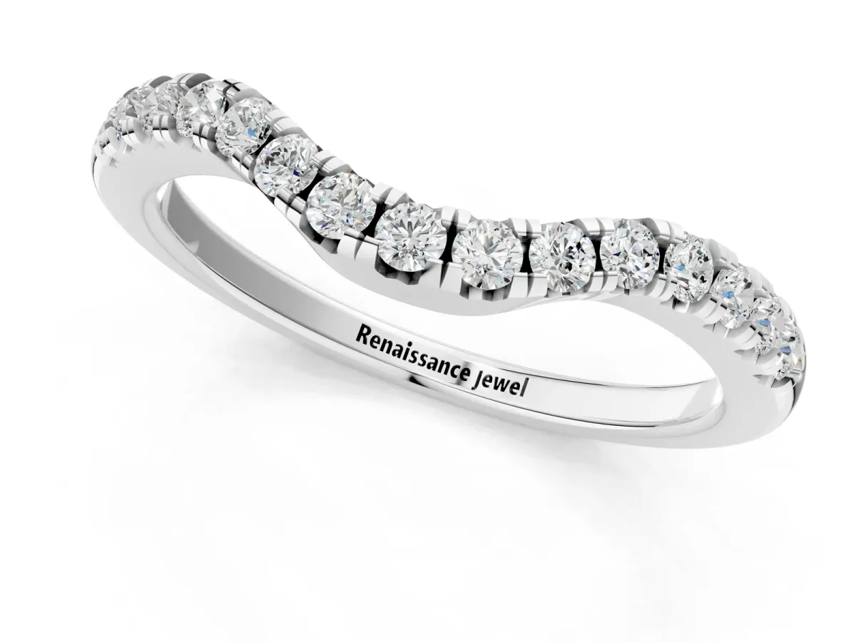 Curved Round Diamond Wedding Band with Pavé Setting and Shared Prong Platinum