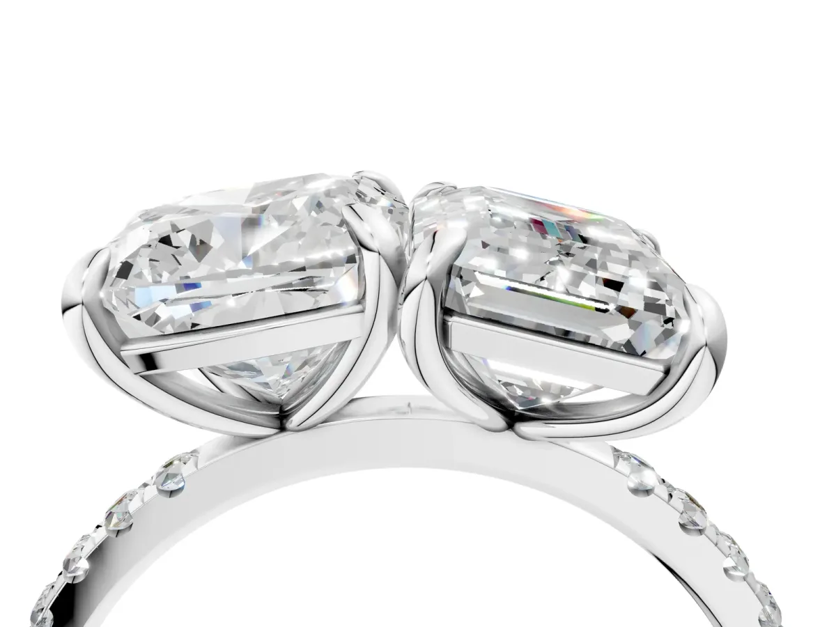 Cushion and Emerald Toi Moi Ring with Prong Setting and Pave Band Silver
