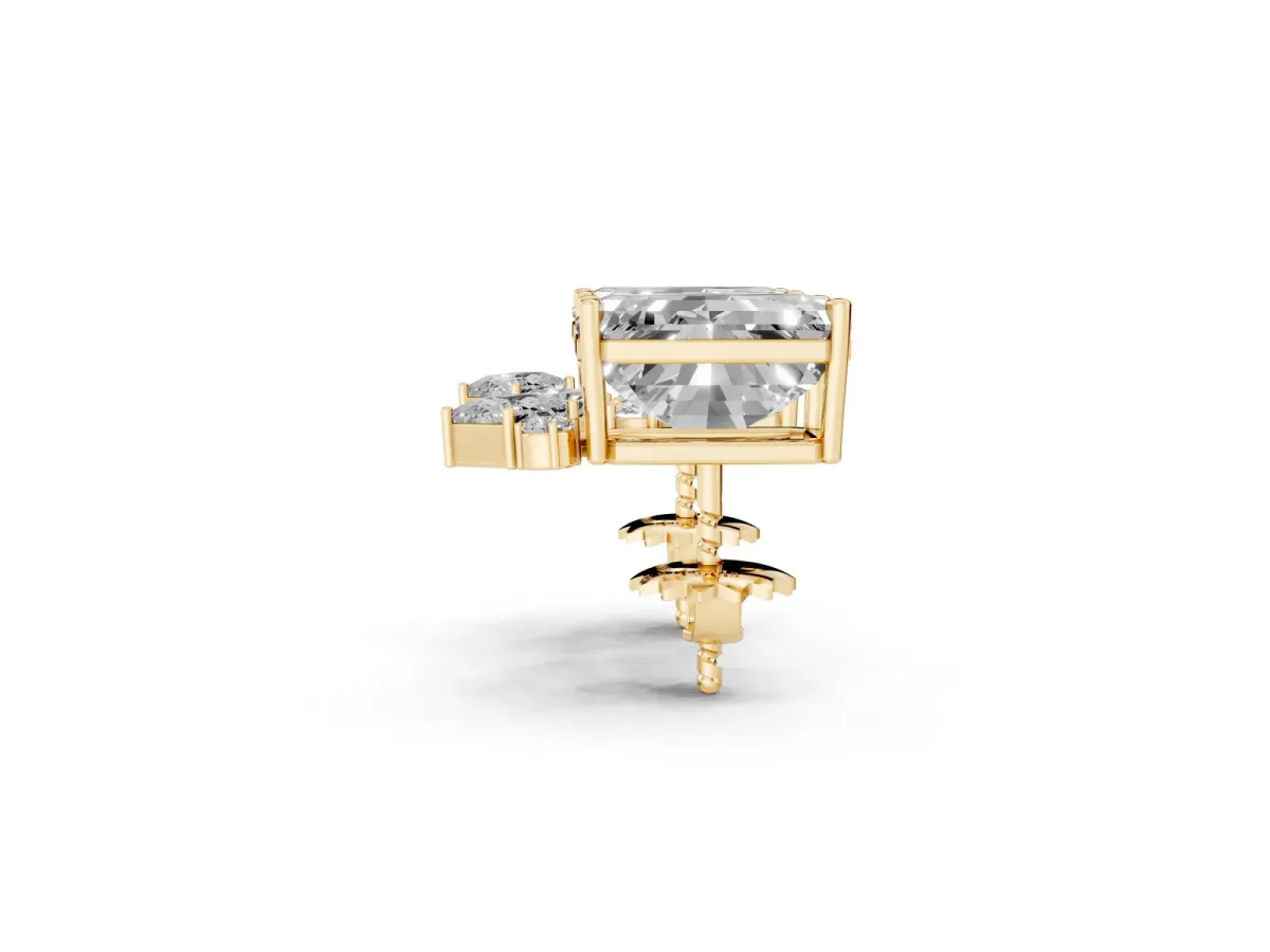 Emerald Cut Diamond Stud Earrings with Round and Oval Accents Yellow gold