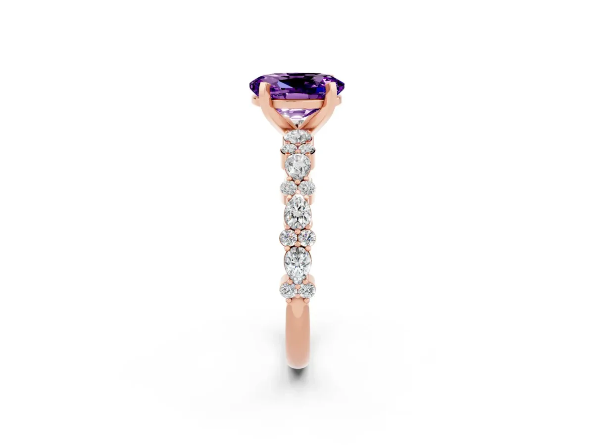 Oval Cut Amethyst Side Stone Solitaire Ring with Round and Four-Prong Setting Rose gold