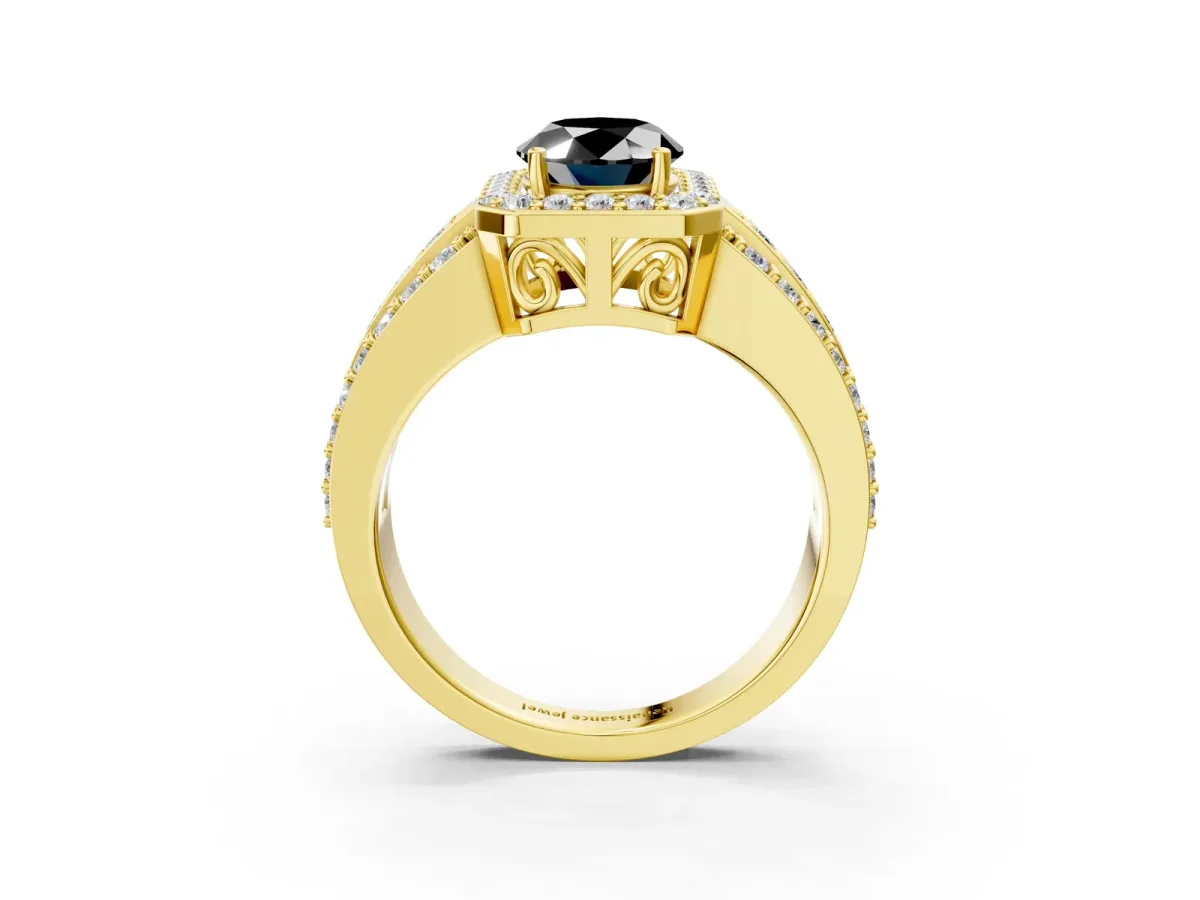 Fancy Black Oval Cut Halo Diamond Ring with Round Split Shank and Prong Setting Yellow gold