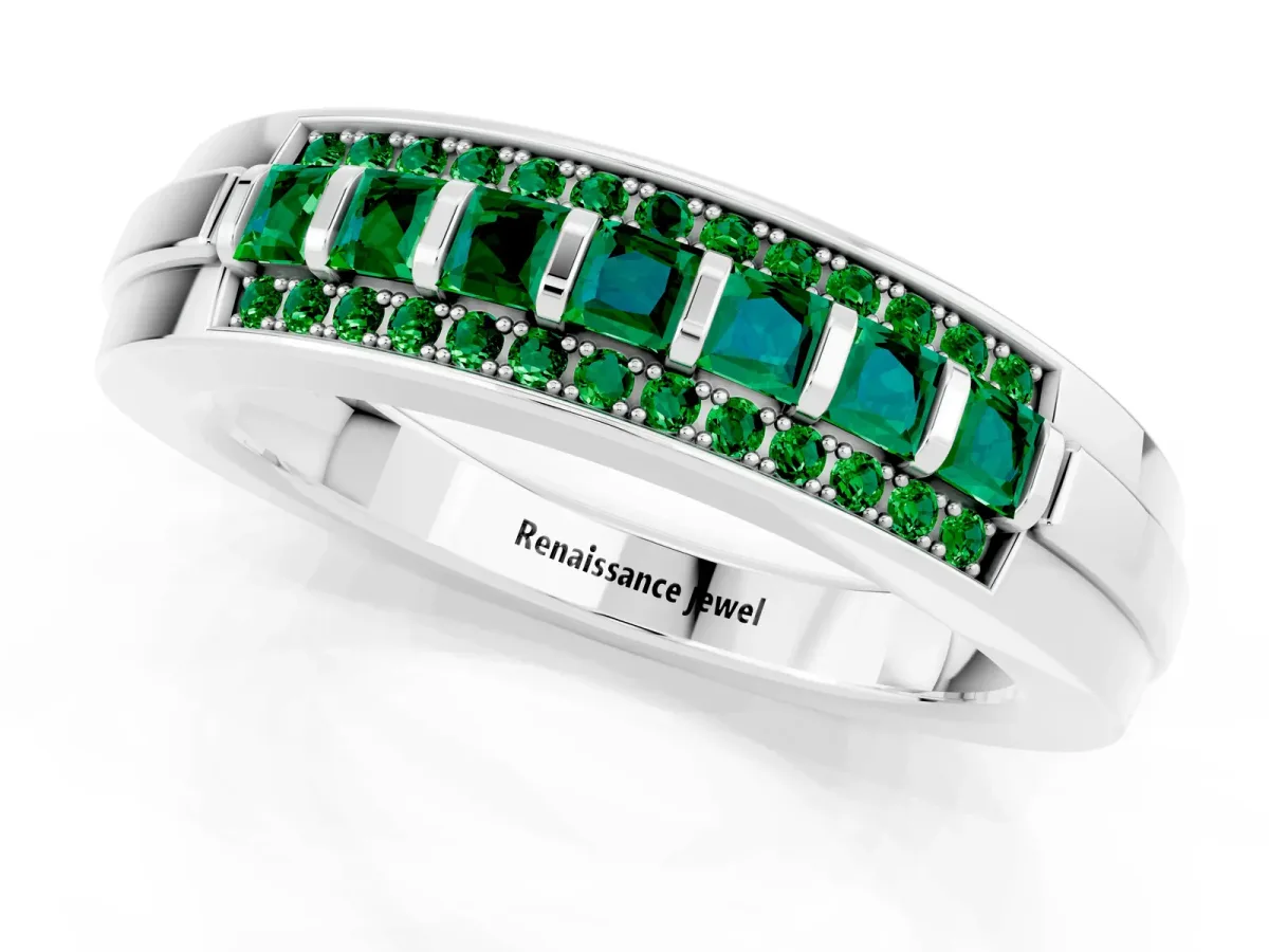 Bar-Set Princess Cut Emerald Pavé Band Silver
