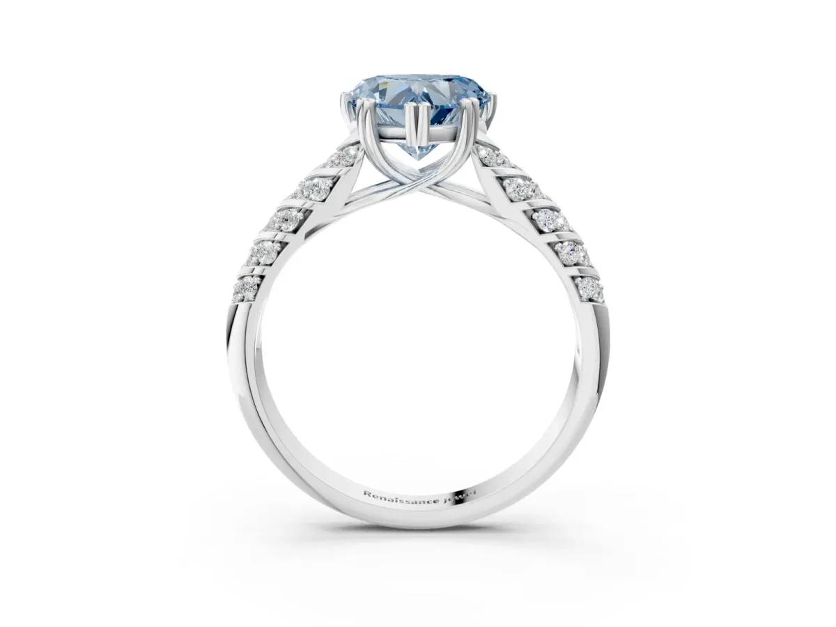 Fancy Blue Heart Cut Solitaire Chevron Pave Diamond Engagement Ring with Six-Prong Setting Platinum