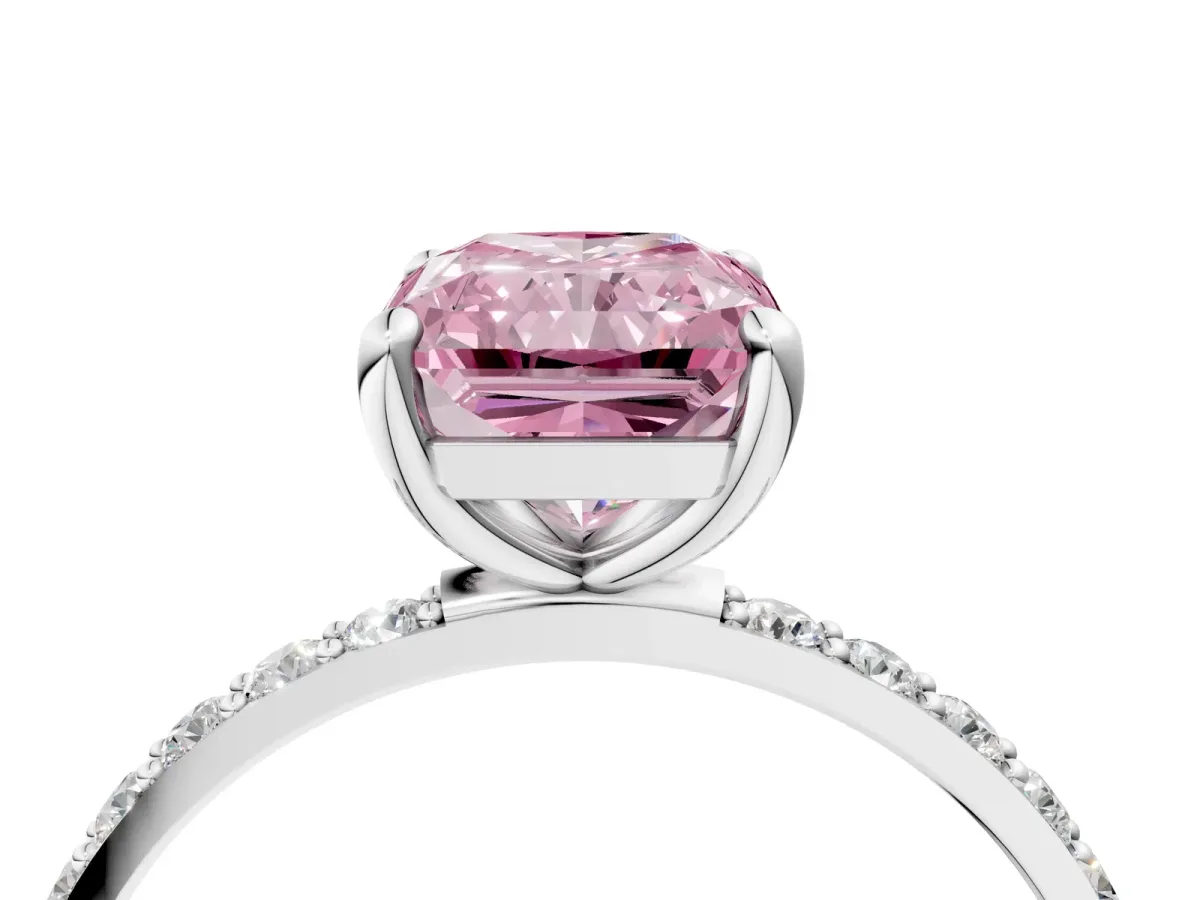 Fancy Pink Radiant Cut Diamond Solitaire Ring with Round Pavé Band and Prong Setting Silver