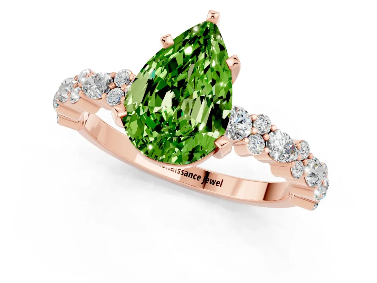 Pear Cut Peridot Side Stone Solitaire Ring with Round and Four-Prong Setting Rose gold