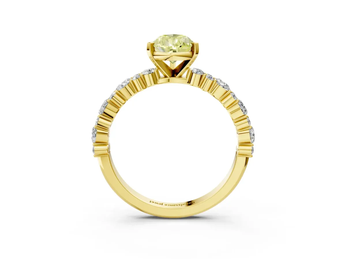 Fancy Yellow Pear Cut Diamond Side Stone Solitaire Ring with Round and Four-Prong Setting Yellow gold
