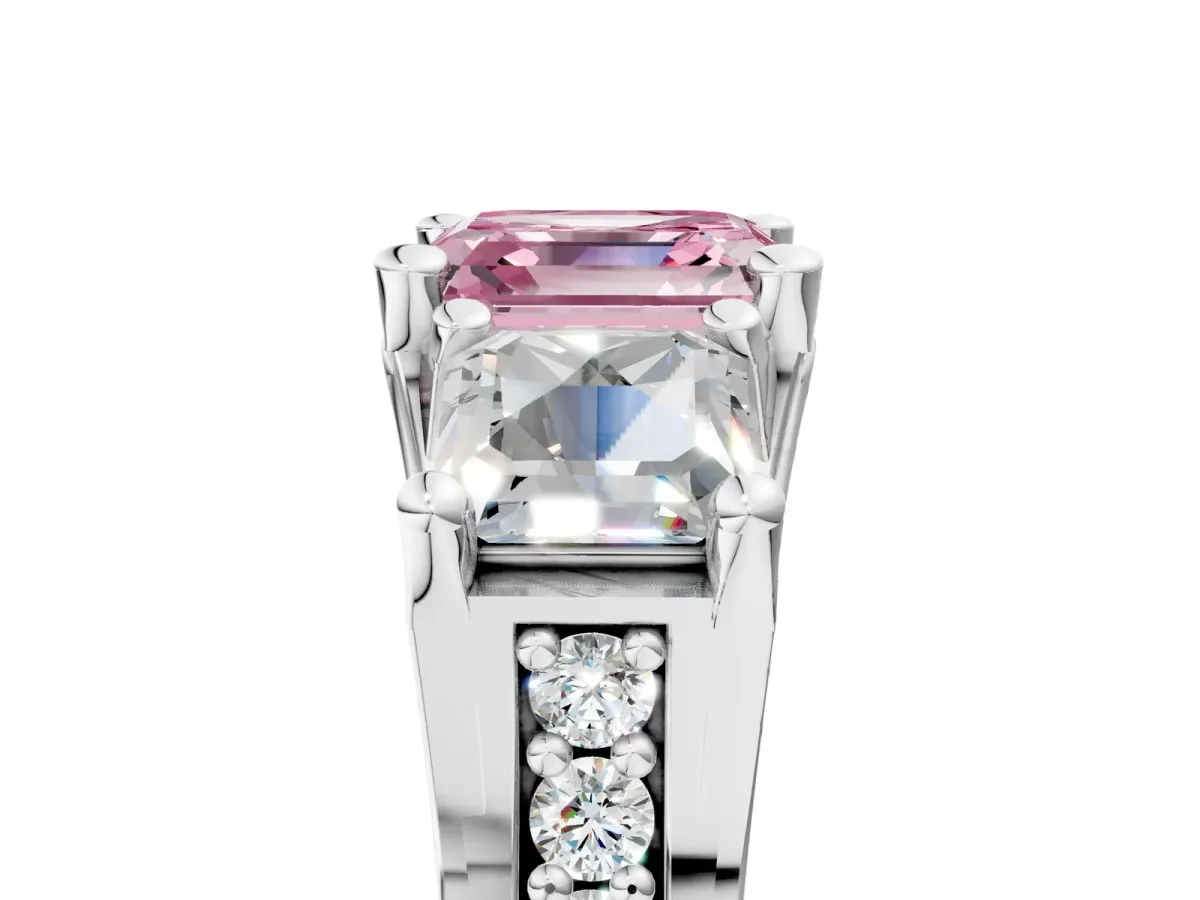 Fancy Pink Asscher Cut Diamond Three-Stone Ring with Channel Set Band and Four-Prong Setting Platinum