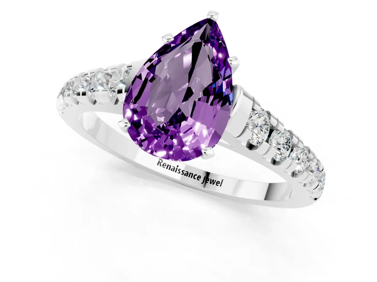 Pear Cut Amethyst Cathedral Solitaire Ring with Round Pavé Band Platinum