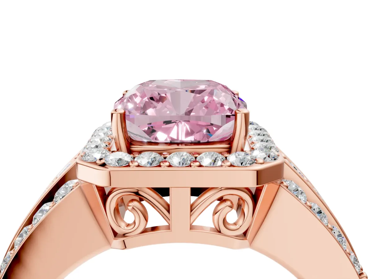 Fancy Pink Cushion Cut Halo Diamond Ring with Round Split Shank and Prong Setting Rose gold