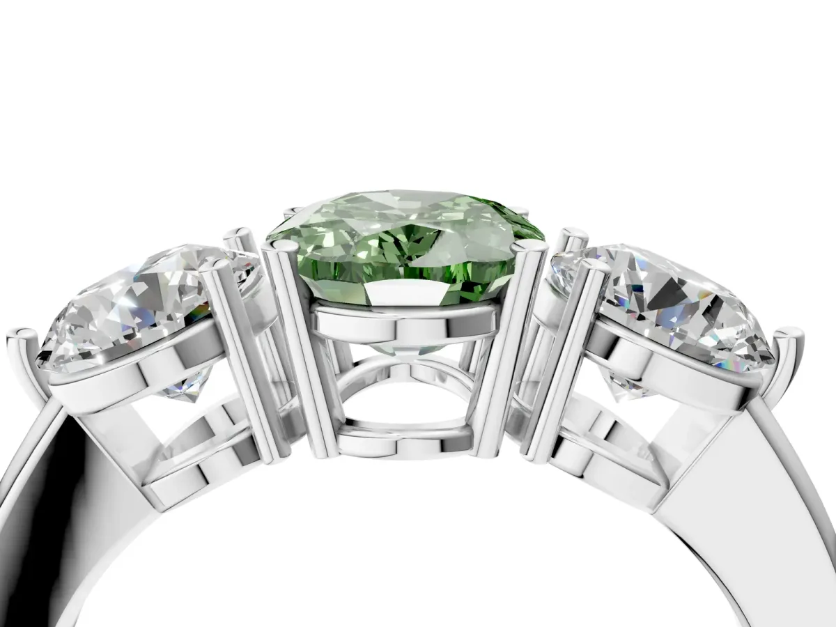 Fancy Green Oval Cut Diamond Three-Stone Ring with Prong Setting and Classic Band White gold