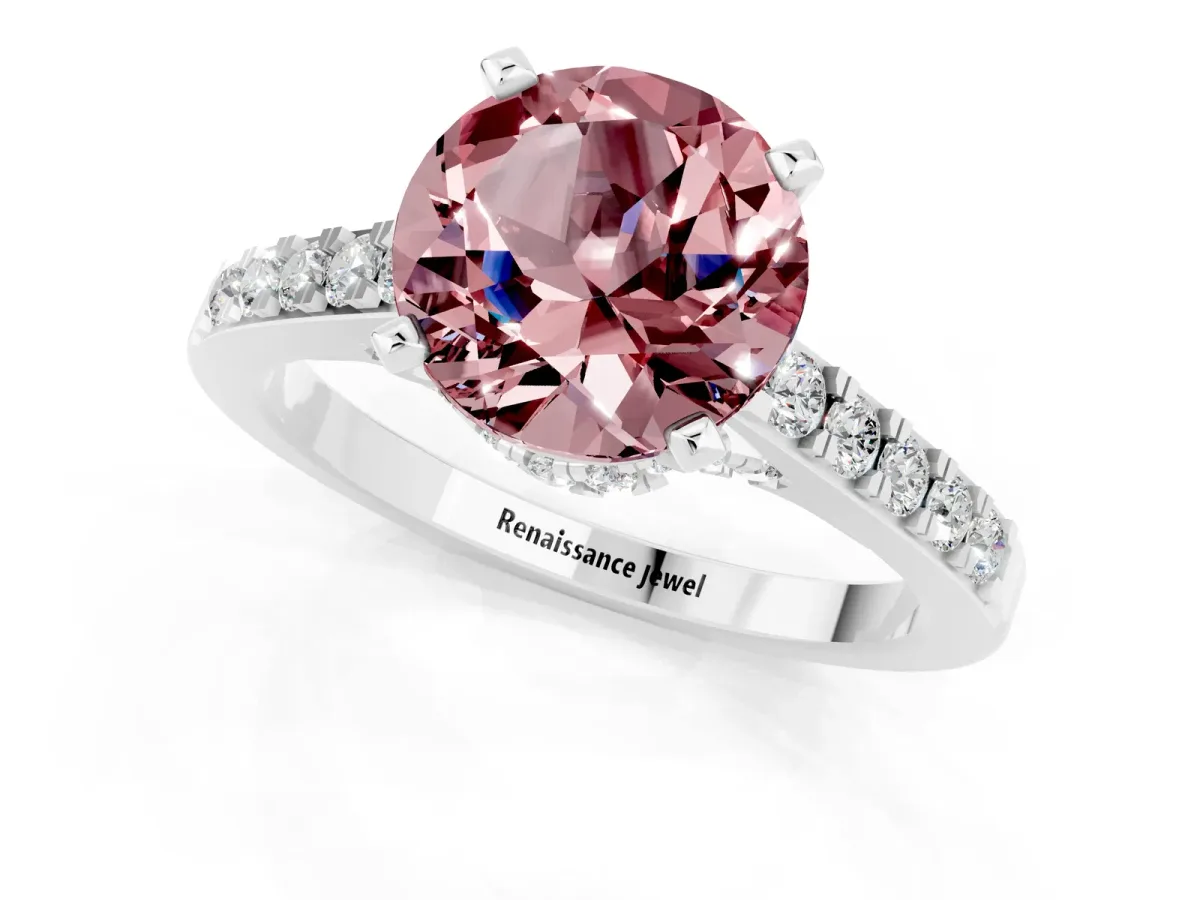 Round Cut Morganite Solitaire Ring with Crossover Gallery and Round Pavé Band Silver