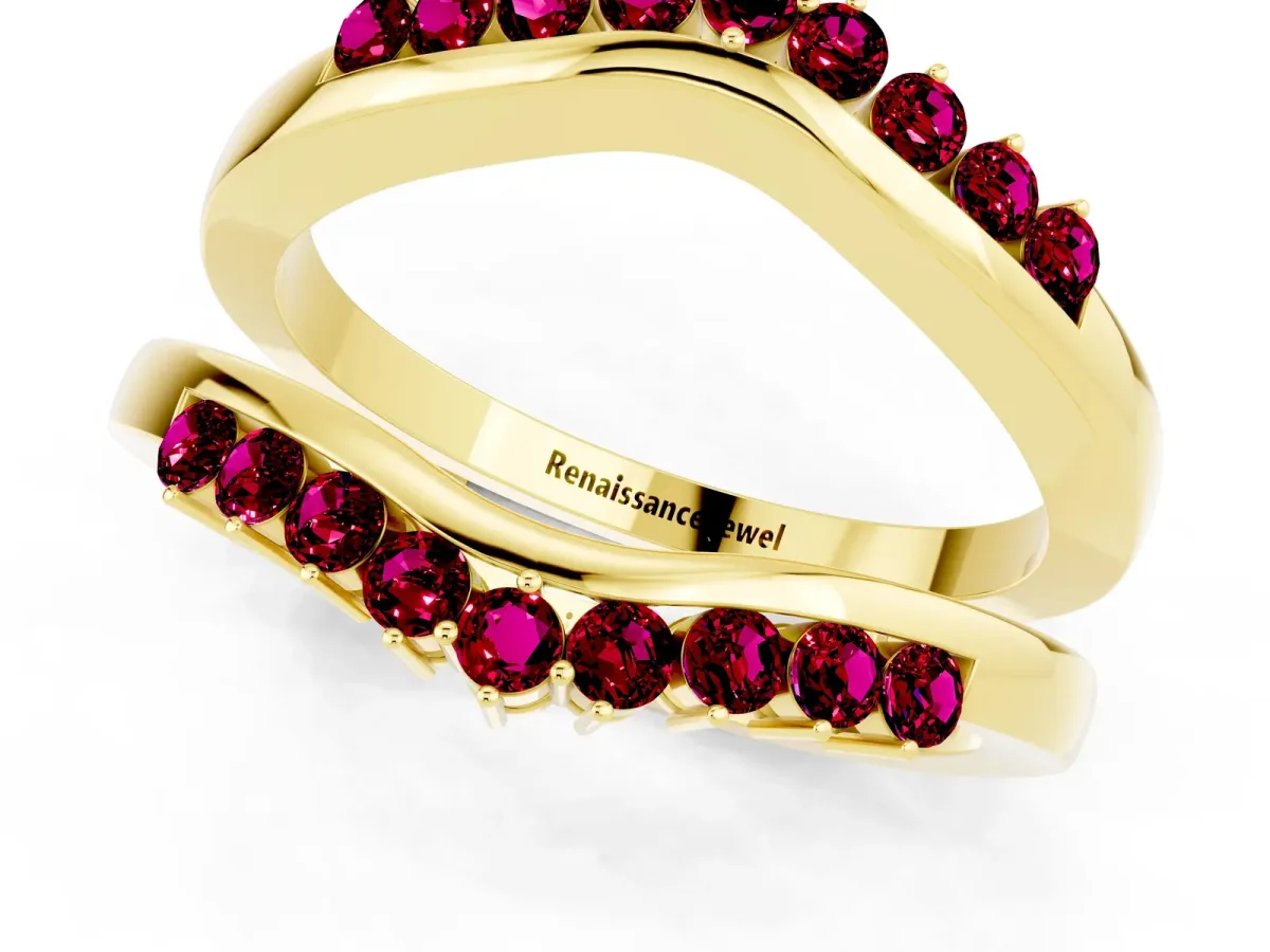 Round Garnet Chevron Contour Band with Prong Setting Yellow gold