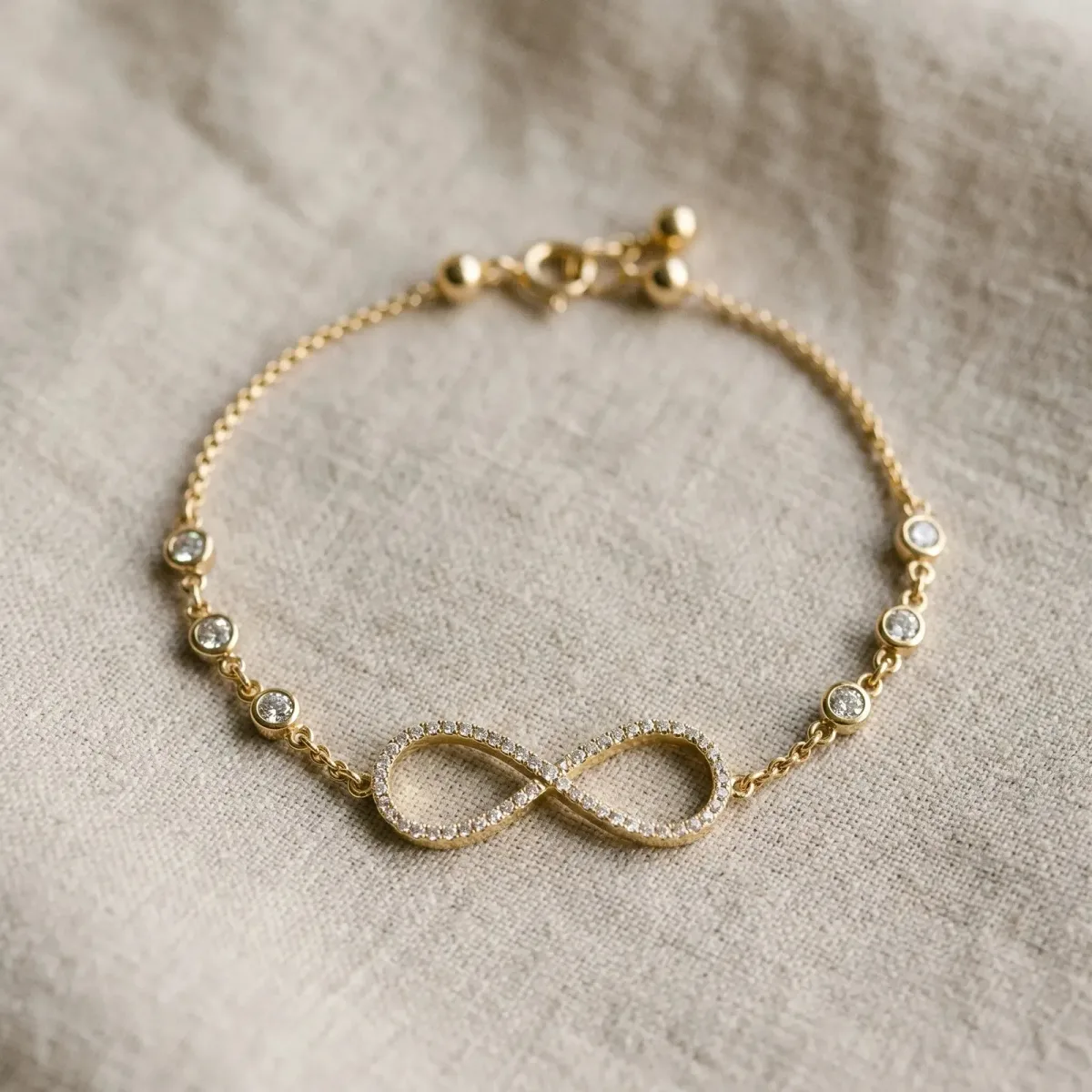 Pavé Round Diamond Infinity Chain Bracelet with Bezel Setting Yellow gold