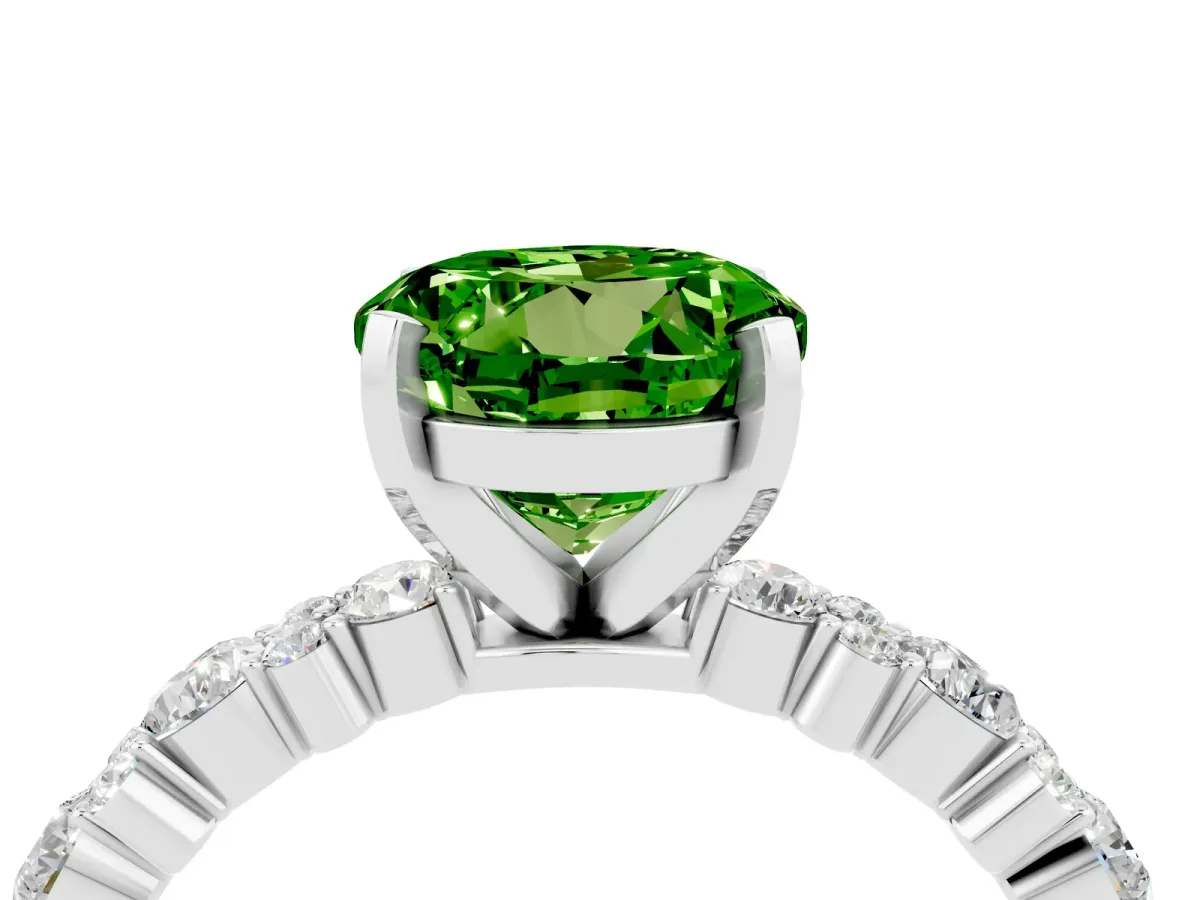 Round Cut Peridot Side Stone Solitaire Ring with Round and Four-Prong Setting Platinum