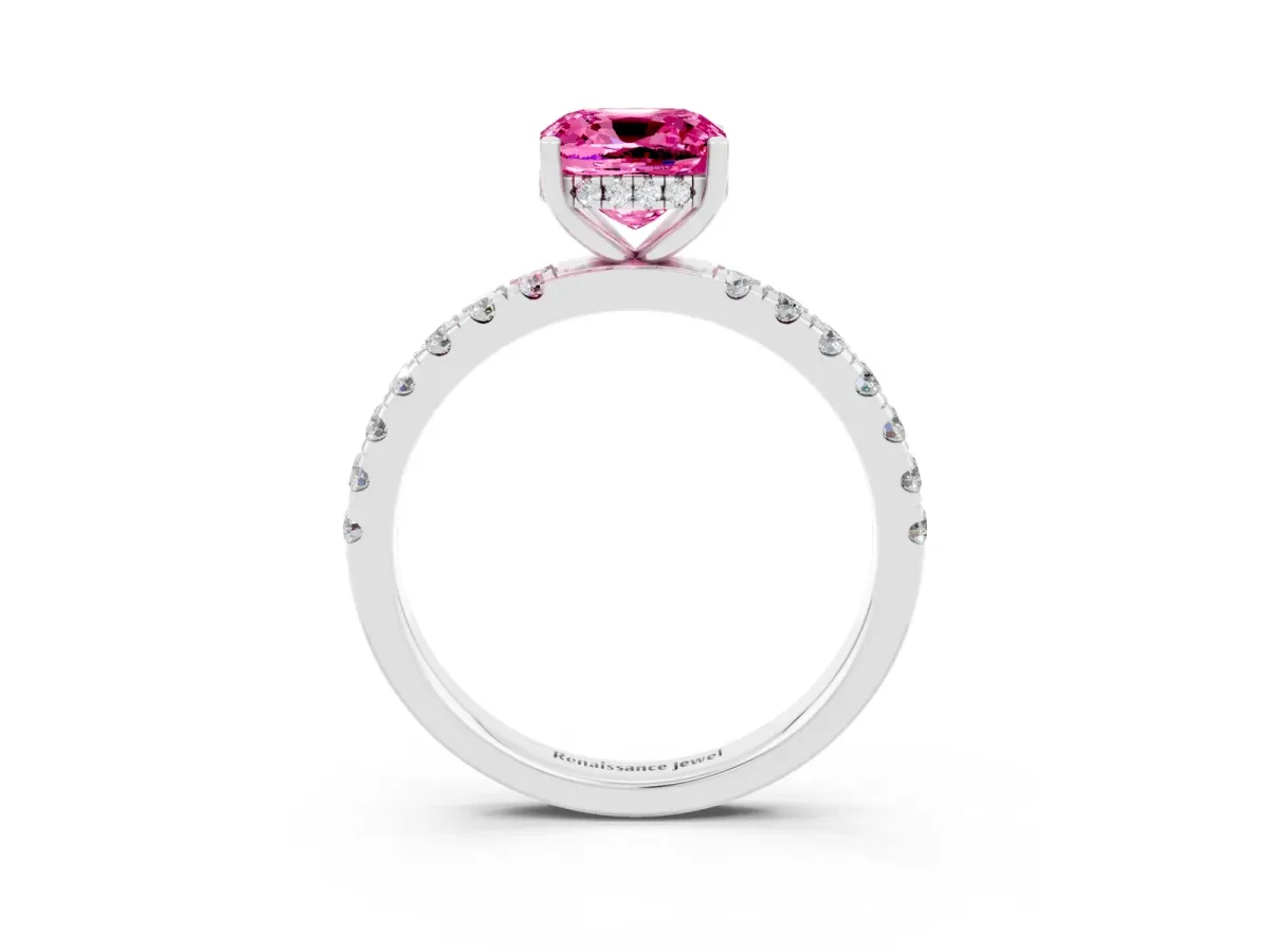 Cushion Cut Pink Sapphire Pave Band Solitaire Ring with Round and Prong Setting Silver