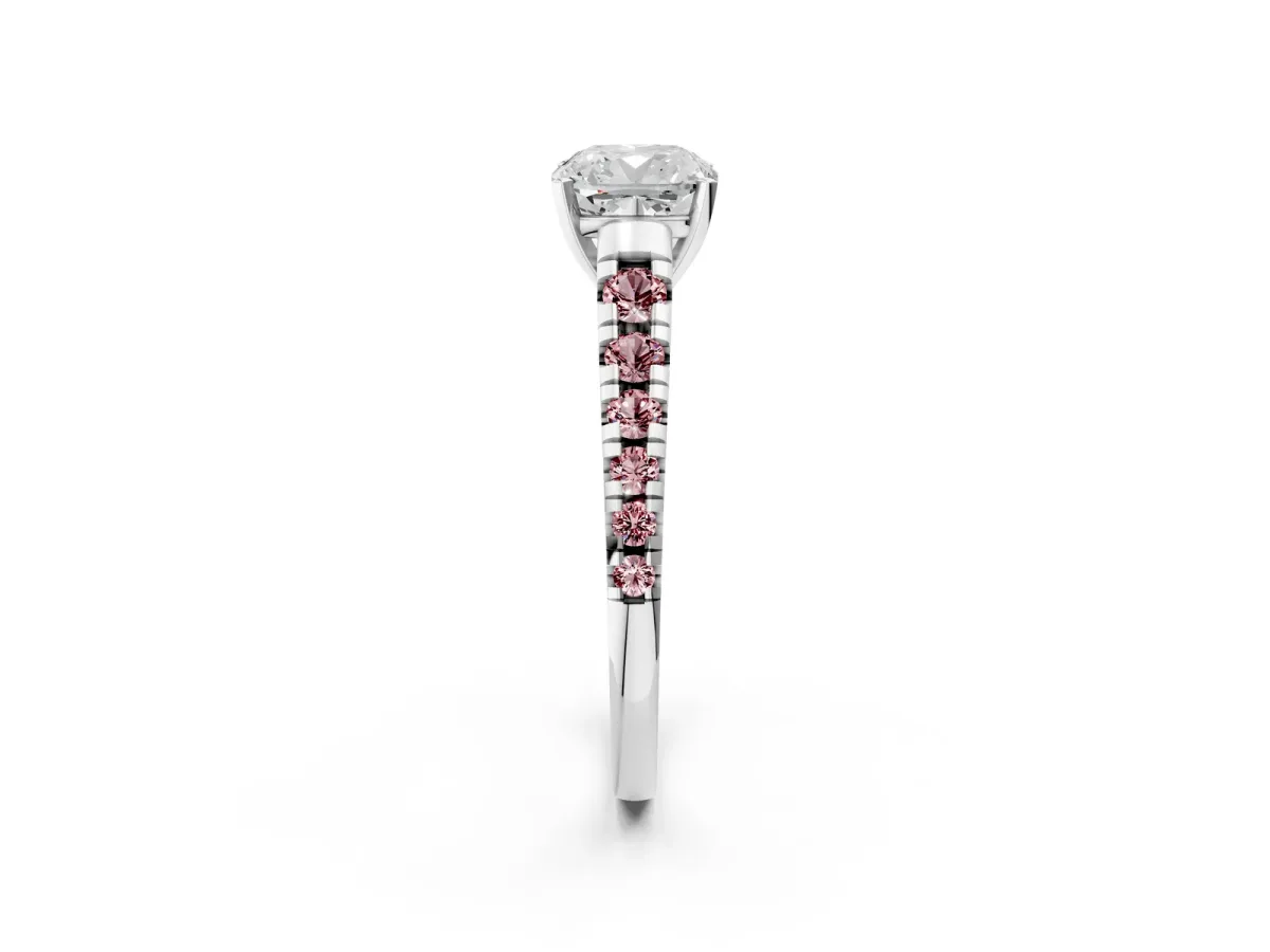 Cushion Cut Diamond Cathedral Solitaire Ring with Round Morganite Pavé Band Silver