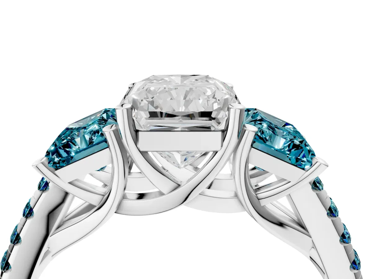Three-Stone Radiant Cut Diamond Ring with Round Blue Topaz Pavé Band and Prong Setting Silver