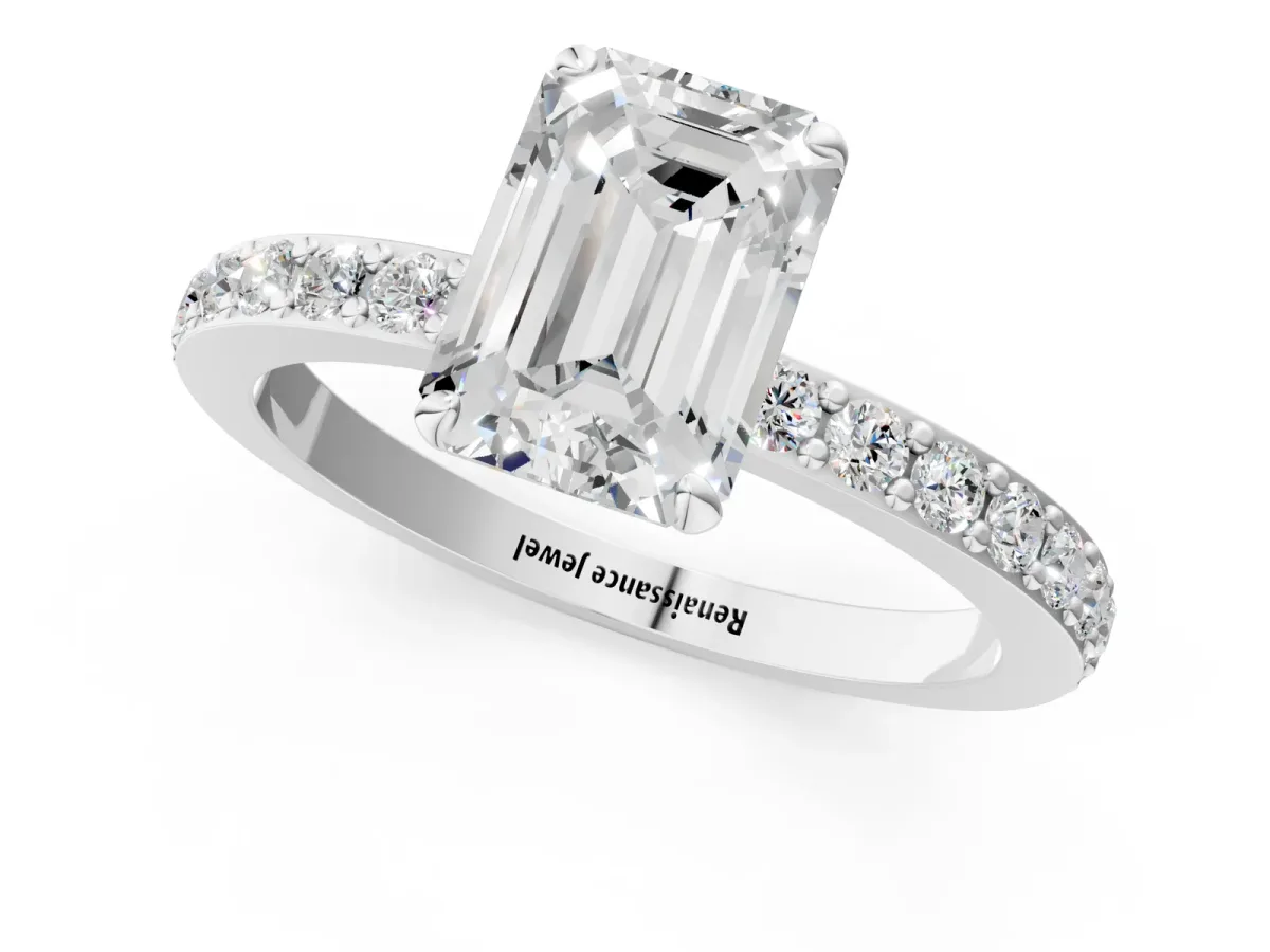 Emerald Cut Diamond Solitaire Engagement Ring with Pavé Band and Four-Prong Setting Silver
