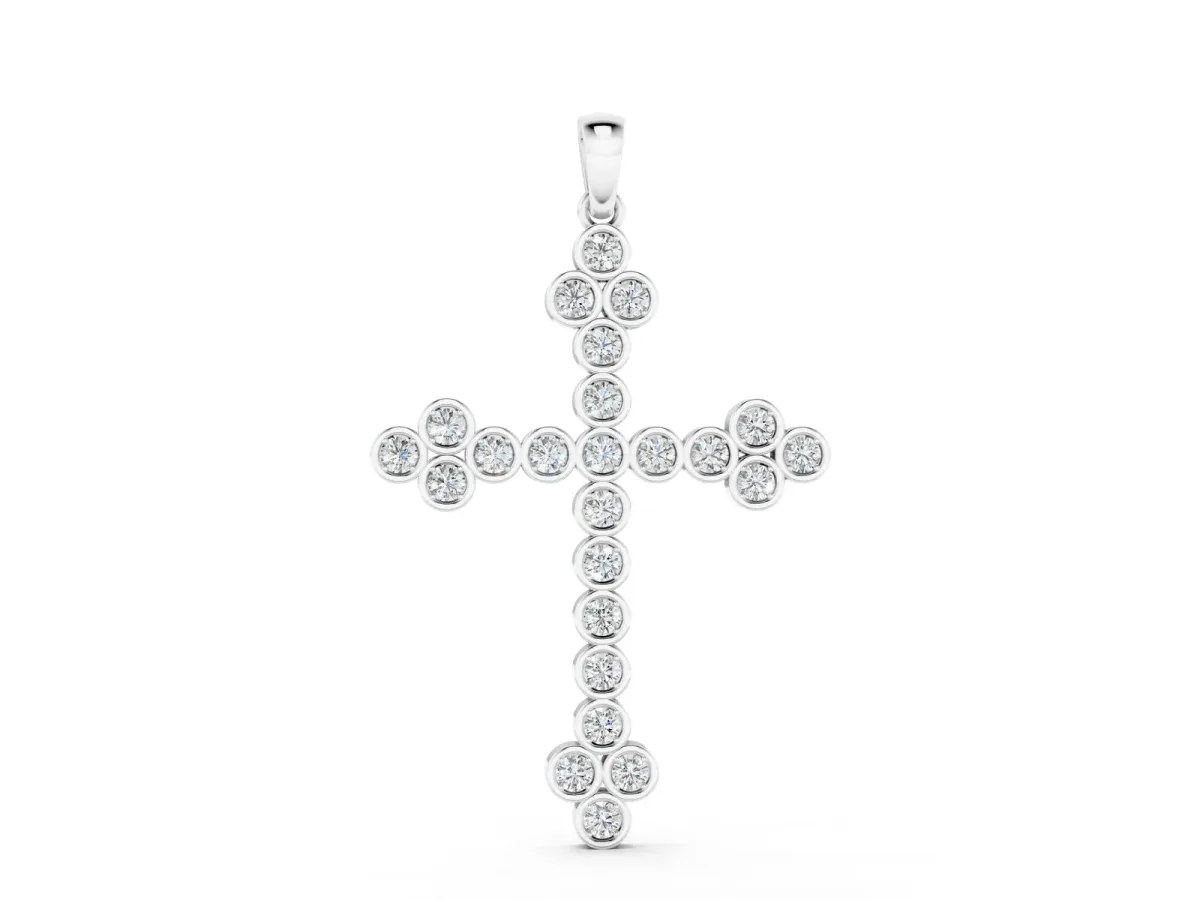 Round Diamond Bezel Set Cross Pendant White gold