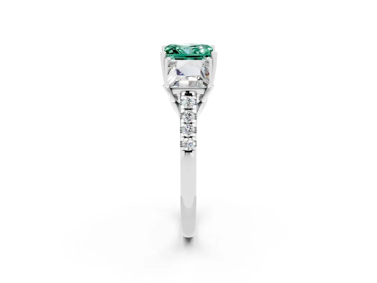 Three-Stone Princess Cut Green Sapphire Ring with Round Pavé Band and Prong Setting Silver