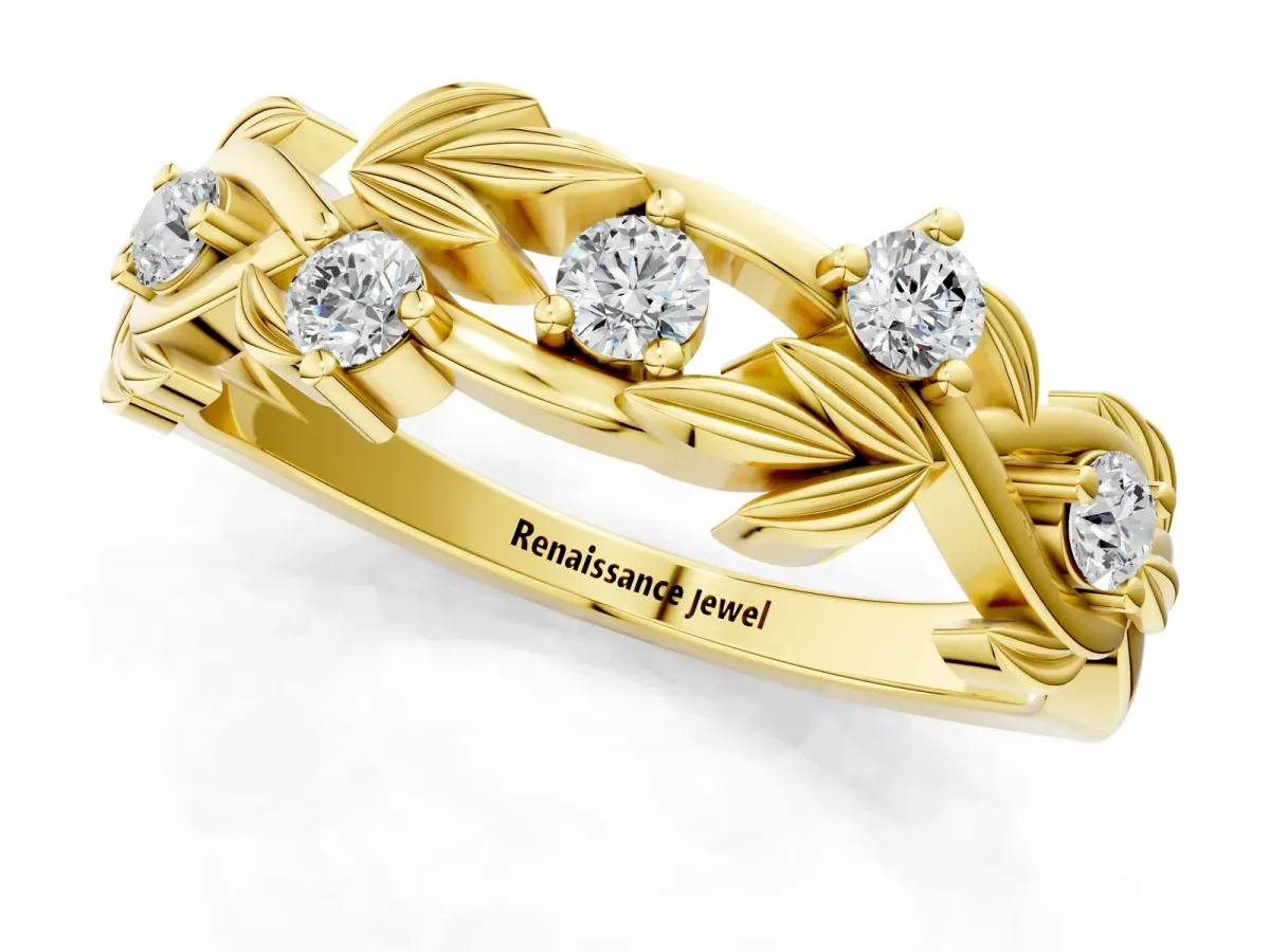 Round Diamond Leaf Motif Band with Prong Setting Yellow gold