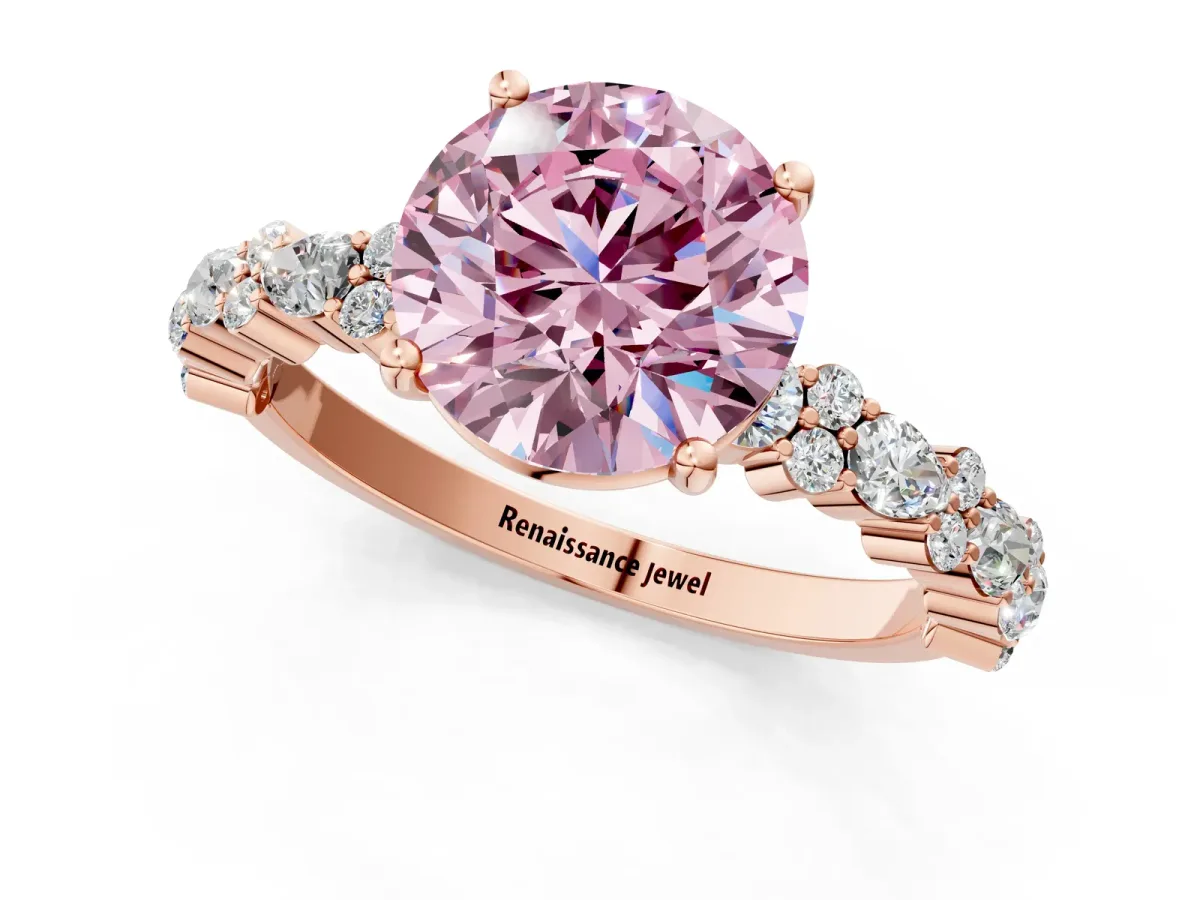Fancy Pink Round Cut Diamond Side Stone Solitaire Ring with Round and Four-Prong Setting Rose gold