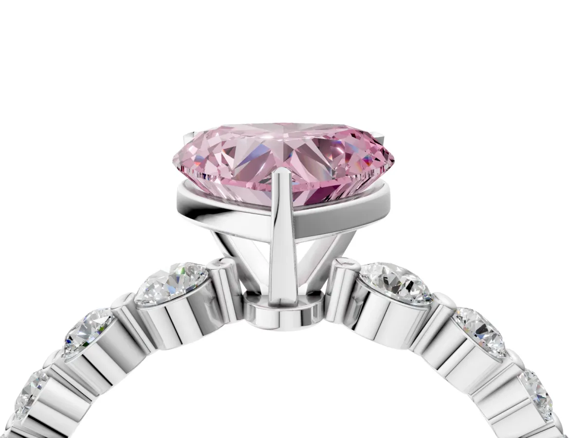 Fancy Pink Heart Cut Solitaire Diamond Ring with Pave Band and Four-Prong Setting Silver
