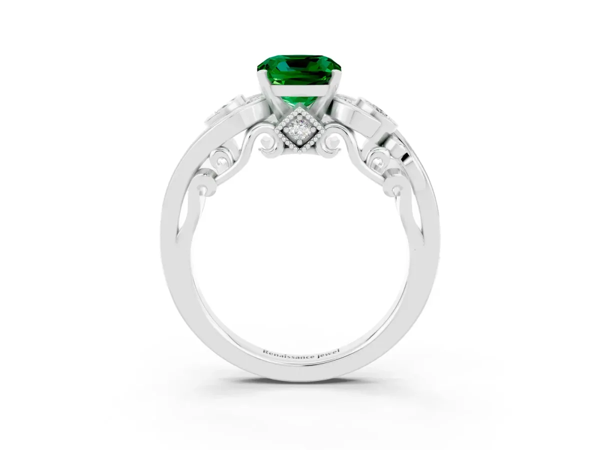 Cushion Cut Emerald Solitaire Ring with Milgrain Pavé Band and Four-Prong Setting Silver