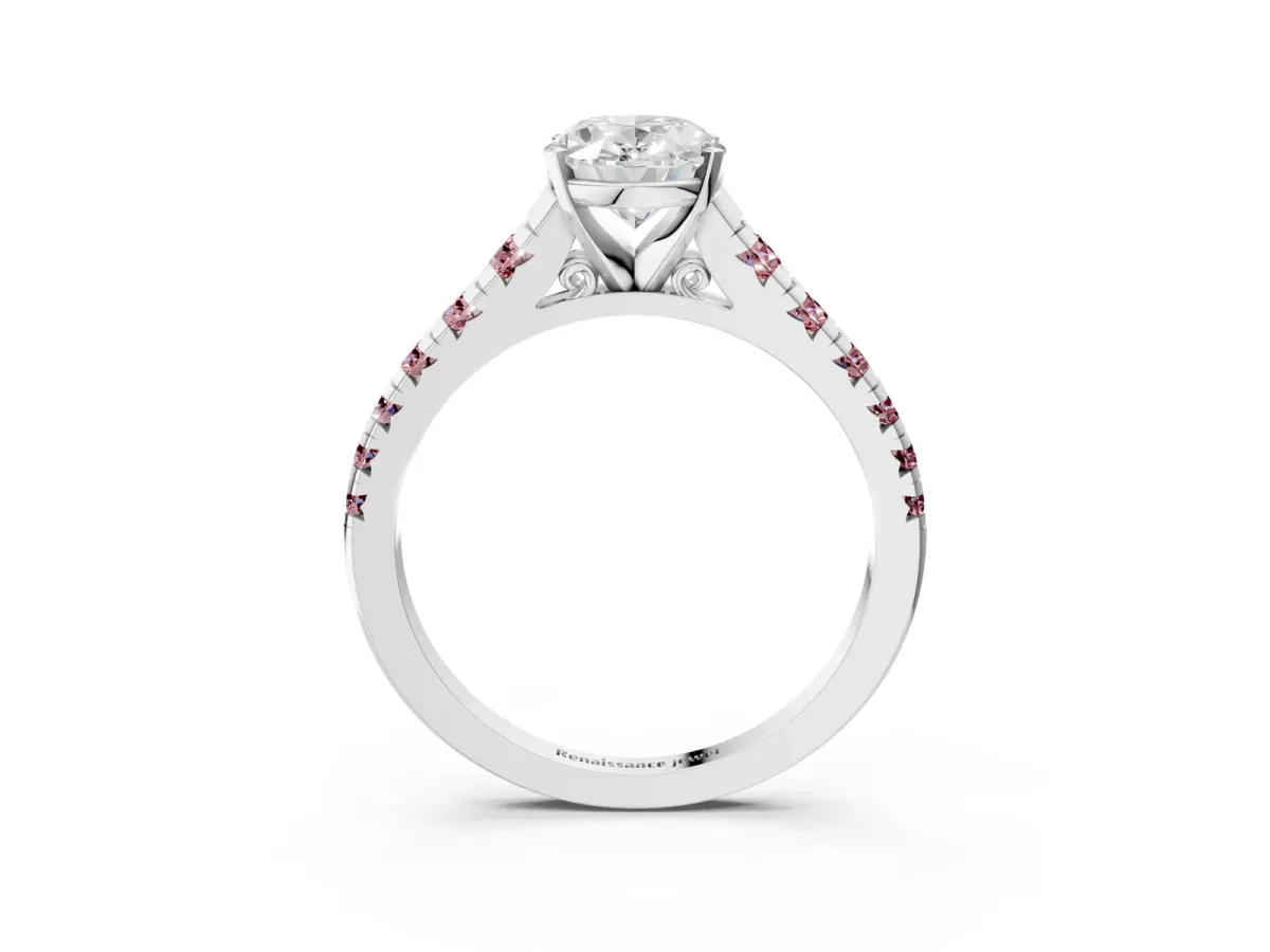 Oval Cut Diamond Cathedral Solitaire Ring with Round Morganite Pavé Band Silver