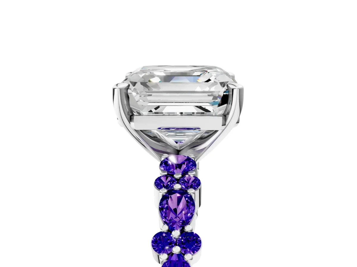 Asscher Cut Diamond Side Stone Solitaire Ring with Round Tanzanite and Four-Prong Setting Platinum
