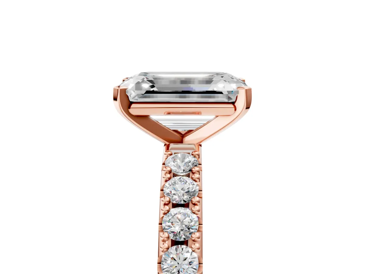 Emerald Cut Diamond Solitaire Pavé Band with Four-Prong Setting Rose gold