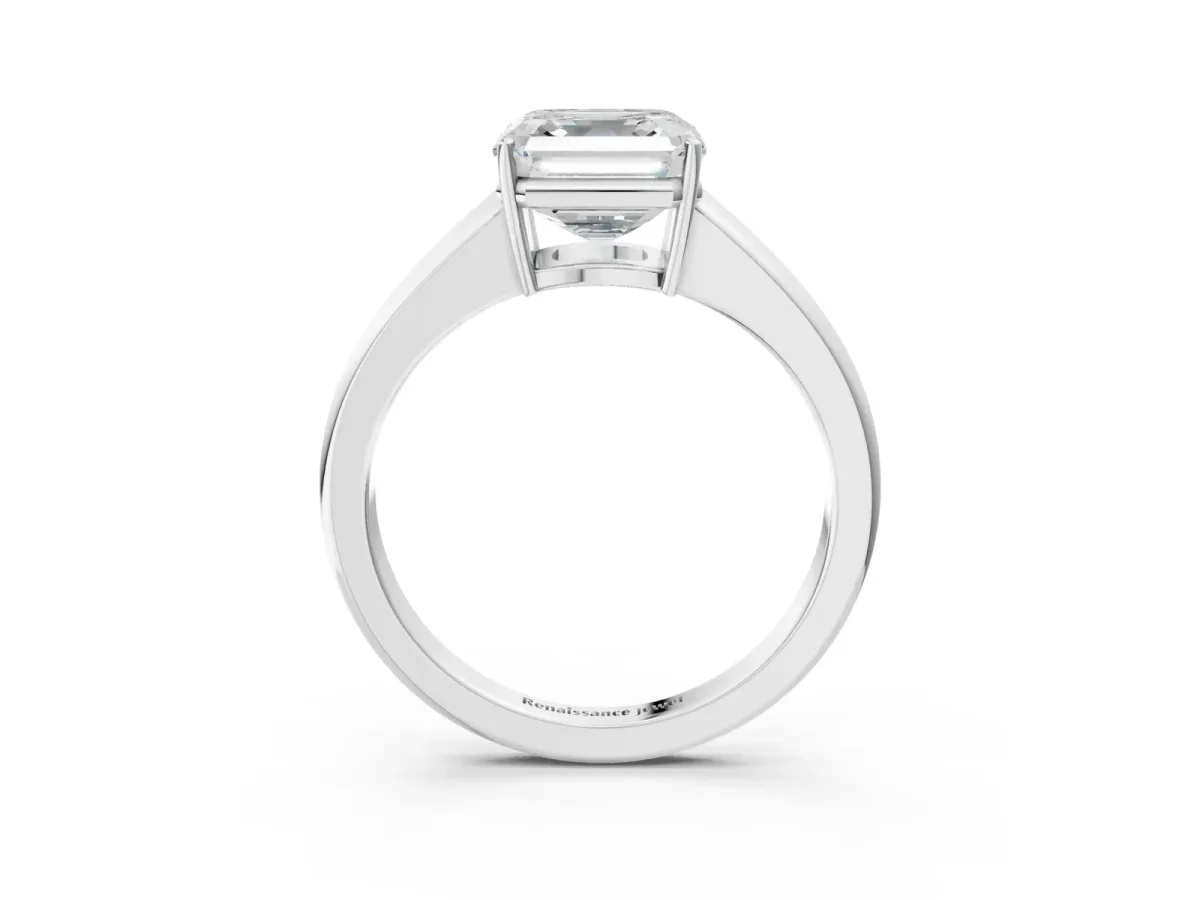 Asscher Cut Solitaire Diamond Ring with Tapered Band and Four-Prong Setting Platinum