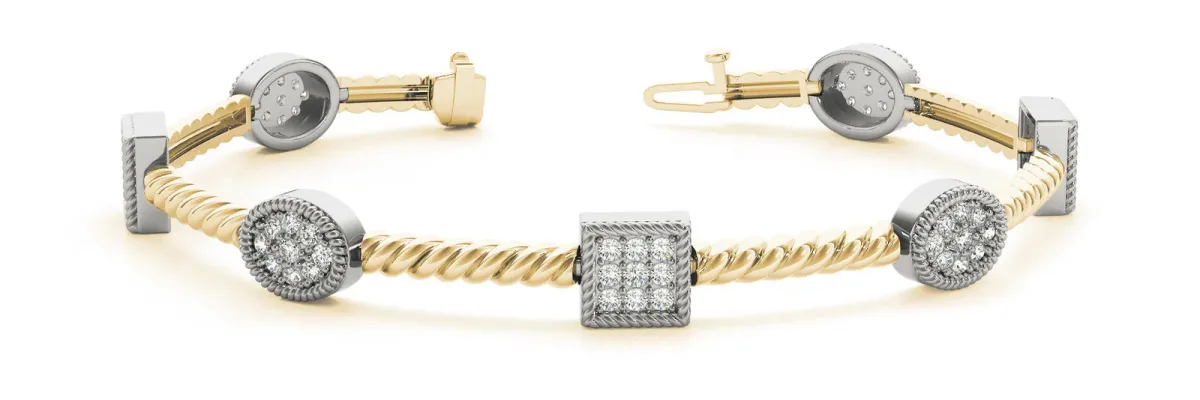 Pavé Round and Square Diamond Twisted Cable Bracelet Yellow gold
