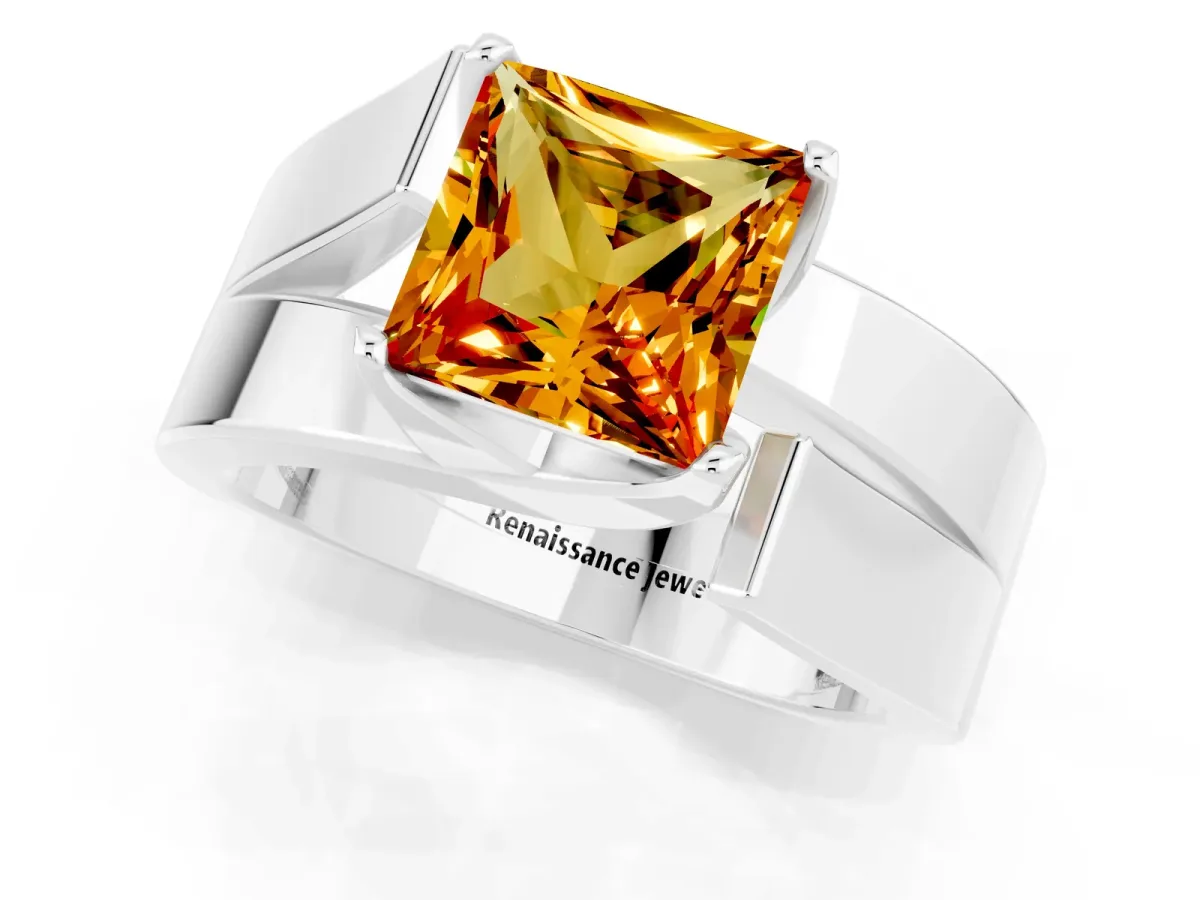 Modern Tension Set Princess Cut Citrine Solitaire Wide Band Ring Silver